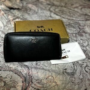 Coach Black Leather Zip-Around Wallet with Gold Logo